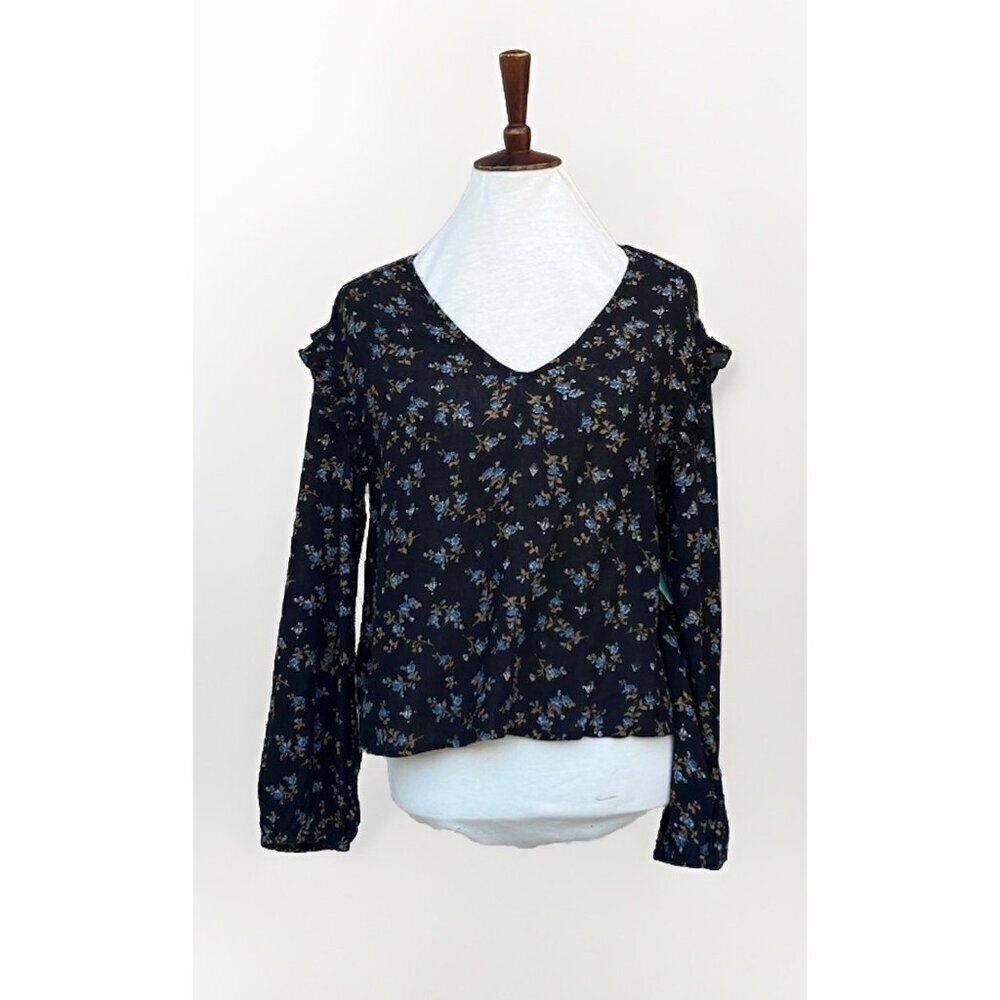 Abound Women’s Floral Print V-Neck Blouse Ruffle Trim Blouson Sleeve Hi-Lo Hem S